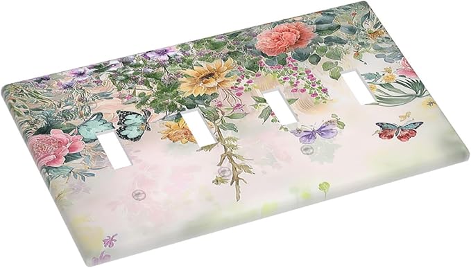 Light Switch Cover Plate Rustic Floral Watercolor Flower Blossom Butterfly Quad Toggle Wall Plates Decorative Switch Plates 4 Gang Outlet Covers Electrical Panel Cover Faceplate for Home 4.5 X 8 IN