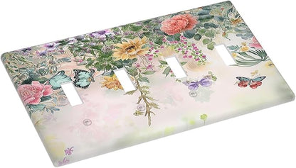 Light Switch Cover Plate Rustic Floral Watercolor Flower Blossom Butterfly Quad Toggle Wall Plates Decorative Switch Plates 4 Gang Outlet Covers Electrical Panel Cover Faceplate for Home 4.5 X 8 IN