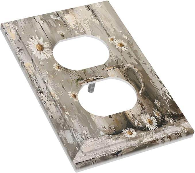 Outlet Covers Vintage Rustic Floral White Daisy Flower Oil Painting Style 1 Gang Duplex Wall Plate Decorative Switch Plates Electrical Receptacle Faceplate Light Switch Cover for Home