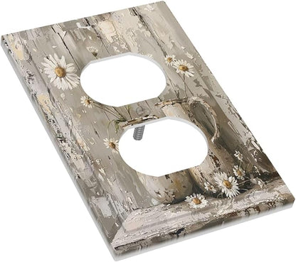 Outlet Covers Vintage Rustic Floral White Daisy Flower Oil Painting Style 1 Gang Duplex Wall Plate Decorative Switch Plates Electrical Receptacle Faceplate Light Switch Cover for Home
