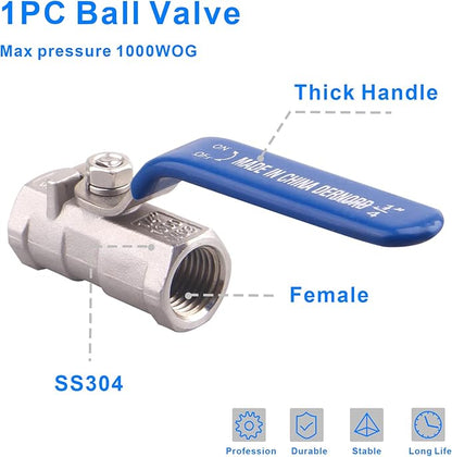 DERNORD Stainless Steel Ball Valve 1PC Type 0.25" NPT Standard Port for Water, Oil, and Gas (1/4 Inch Ball Valve)