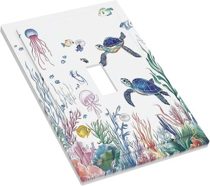 Blue Sea Turtle Ocean Fish Octopus Coral Decorative Light Switch Cover 1 Gang Single Toggle Device Electrical Faceplate Switchplates Decorator Outlet Wall Plate For Bathroom Kids Room Decor