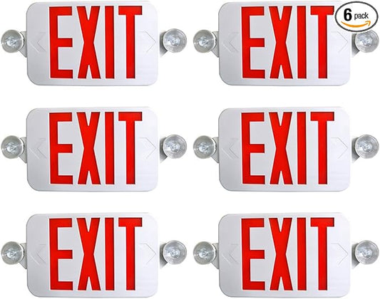 Supreme LED 6 Pack All LED Decorative Red White Exit Sign & Emergency Light Combo with Battery Backup (6 Pack), White/Red