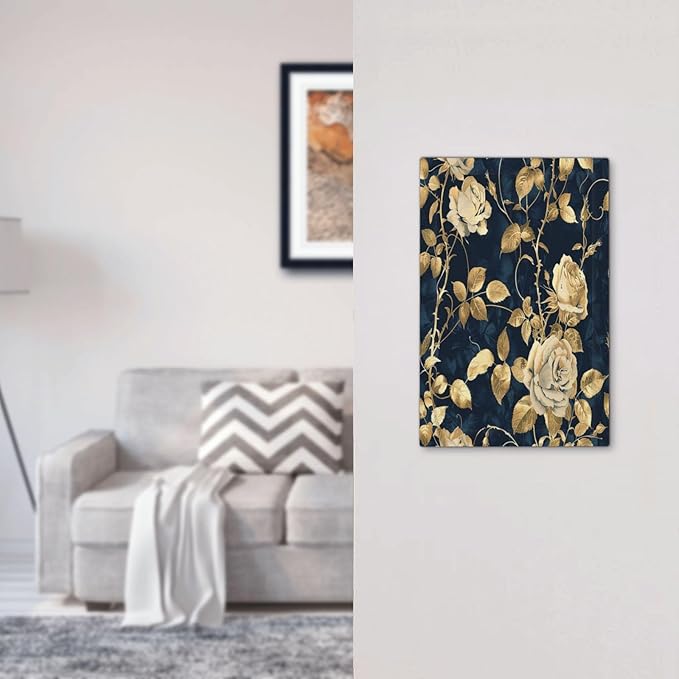 Light Switch Cover Plate Boho Vintage Floral Golden Flower Dark Blue Background 1 Gang No Device Blank Electrical Wall Plates Faceplate Decorative Switch Plate for Bedroom living Room Decor