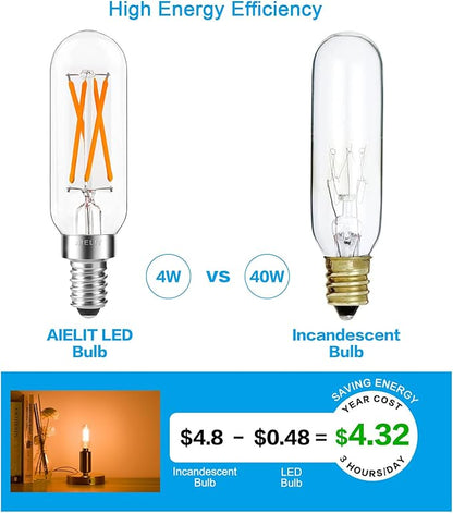 40W Equivalent Candelabra Dimmable T8 T6 Vintage Light Bulb, E12 Small Chandelier Base, 4-Watt Tubular LED Filament Bulbs Amber Warm 2200K for Display Cabinet Piano, 400 lm, 4-Pack