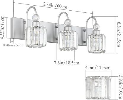 Ralbay Crystal Vanity Light - 3 Light, 24'' Modern Silver Bathroom Vanity Light Fixtures Over Mirror Wall Lights