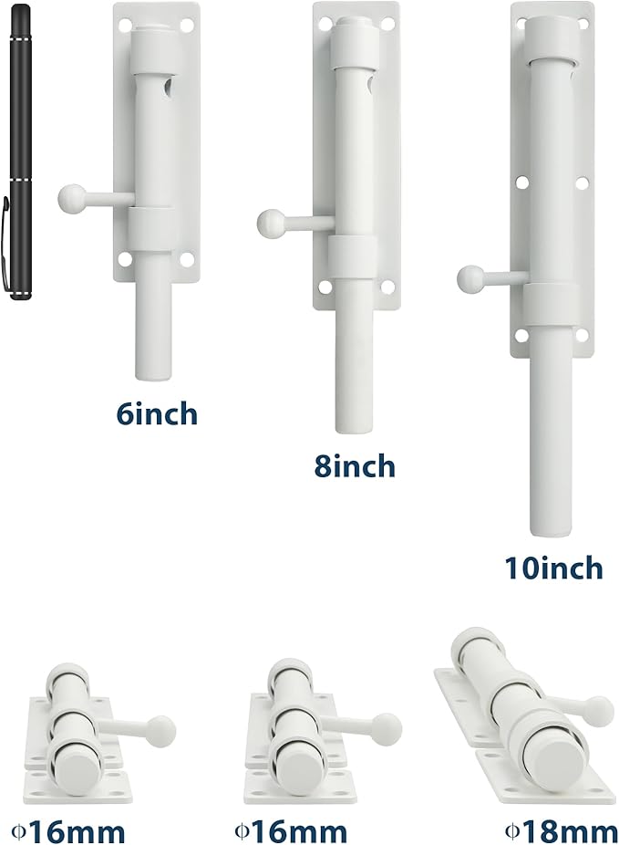 Alise 6 inch Barrel Bolt Latch,Slide Bolt Latch,Heavy Duty Solid SUS304 Stainless Steel Slide Lock for Wooden Fence,Barn Door,Interior or Outdoor Door White MS8000-W