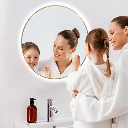 Niccy Round Led Mirror for Bathroom, 24" Backlit Mirrors for Wall Circle Lighted Mirror with Old Gold Frame Anti-Fog, 3 Colors, HD Glass and IP65 Waterproof