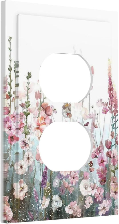 Colorful Flowers Pink Floral Watercolor Plant Outlet Covers 1 Gang Duplex Light Switch Cover Decorative Switch Plates Electrical Receptacle Faceplate Wall Plate for Bed Room Living Room Decor