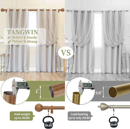 Wood Boho Curtain Rods for Windows:72-144Inch Wooden Farmhouse Curtain Rod for Bedroom Living Room,Heavy Duty Adjustable Rustic Decorative Drapery Rod with Vintage Imitation Wood Finial,Brown