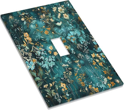Decorative Light Switch Cover Green Leaf Floral Boho Golden Flower Plant 1 Gang Single Toggle Device Electrical Faceplate Switchplates Decorator Outlet Wall Plate For Bed Room Cabin