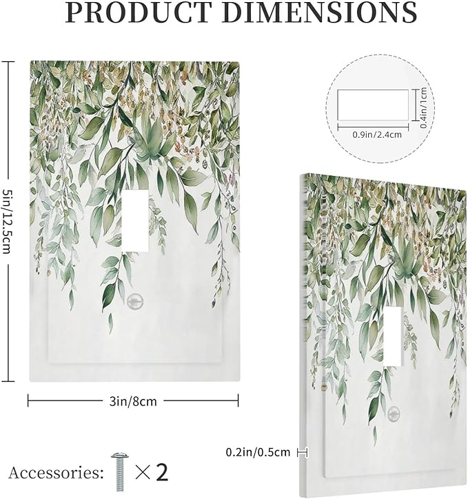 Decorative Light Switch Cover Sage Green Eucalyptus Watercolor Plant Leaves 1 Gang Single Toggle Device Electrical Faceplate Switchplates Decorator Outlet Wall Plate for Bedroom Bathroom