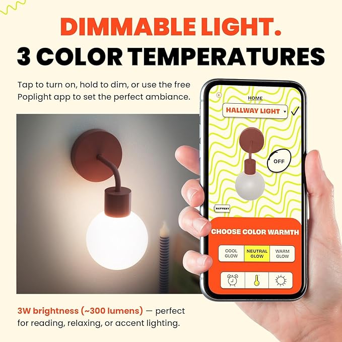 Wireless Wall Sconce (Shark Tank) Rechargeable & Dimmable LED Light w/App Control & Damage-Free Install, Moveable Modern Ambient Lighting for Elegant Home & Bedroom Decor | Dusty Rose