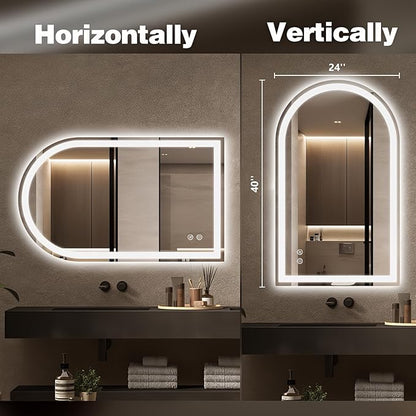 Niccy Arched LED Mirror for Bathroom, 40x24 Vanity Mirror with Light Frameless Bathroom Mirror, Smart Lighted Frontlit Mirrors with Memory Function for Bathroom Bedroom Beauty Hair Salon