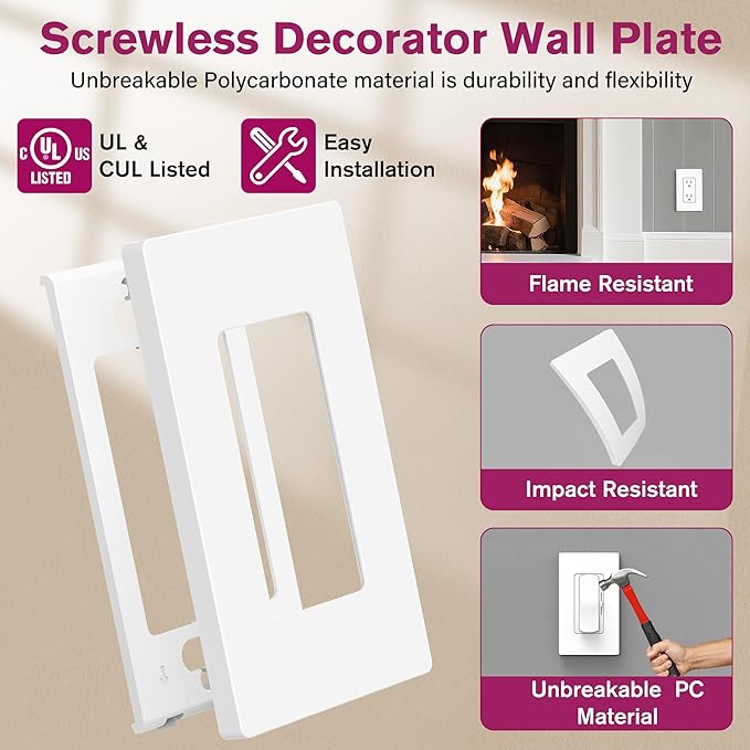 EMITEVER 1-Gang Screwless Decorator Wall Plate Cover for Receptacle Outlet & Light Switch, Standard Size 4.53"H x 2.75"W, Unbreakable Thermoplastic Faceplate, UL Listed, Matte White 5-Pack