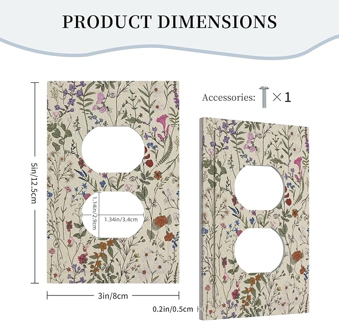 Decorative Switchplate Covers Beige Background Boho Red Flowers Plant Leaf Single Duplex Wall Plate Covers Light Switch Cover 1 Gang Outlet Plate Electrical Faceplate for Country Bedroom Decor