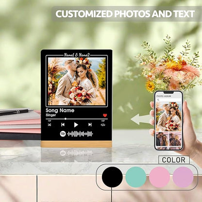 Custom Photo Prints - Metal Desktop Picture Frame with Photos & Spotify Song Plaque & Wooden Base Personalized Gifts for Family Friends and Lovers, Optional Multiple Sizes
