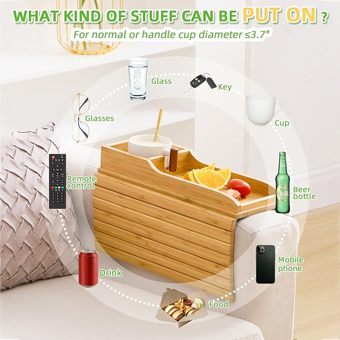 GEHE Couch Cup Holder, Anti Falling Sofa Arm Tray, Natural Bamboo Sofa Cup Holder More Safe for You Family, Portable Couch Arm Tray Armrest Table for Remote, Snacks, Phone, Drinks