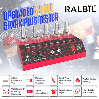 Spark Plug Tester Upgraded 5-Hole Spark Plug Tester Tool with Adjustable Frequency & Hole Height 200-9000rpm Car Engine Ignition Coil Tester Diagnostic Tool for 12V Gasoline Vehicles