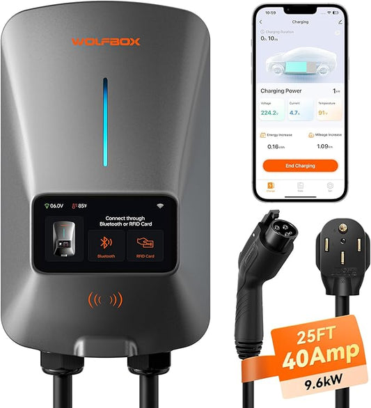 WOLFBOX Level 2 EV Charger 40 Amp - Smart Display, RFID Card, 25ft Cable, Outdoor/Indoor, NEMA 14-50 EV Charger Level 2, WiFi Enabled, 240V Electric Vehicle Charging Station for Electric Automobile