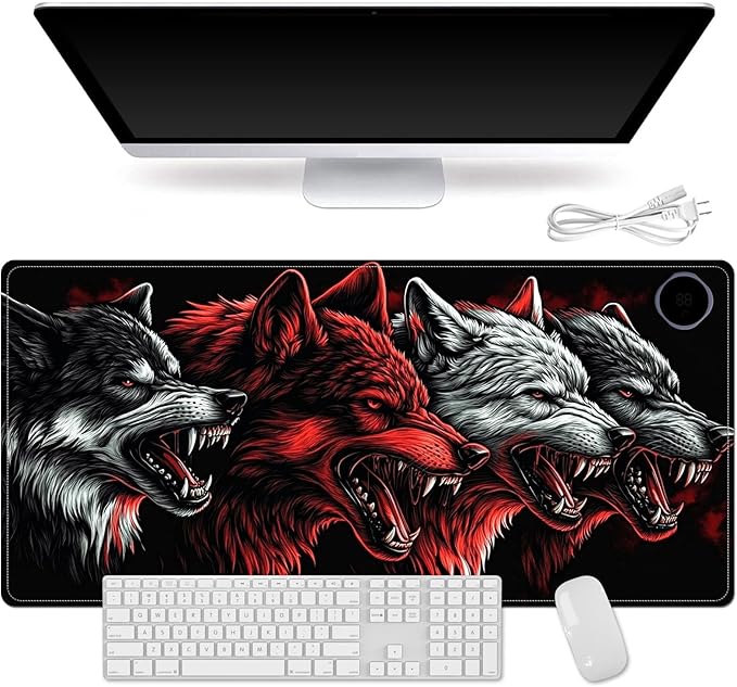 Heated Mouse Pad for Desk 31.5" x 13" – PU Leather Warm Desk Pad with 3 Heat Levels (104°F/113°F/122°F), Plug-in Electric Heating Mat with Auto Shut-Off, Waterproof & Rollable, Four Wolves