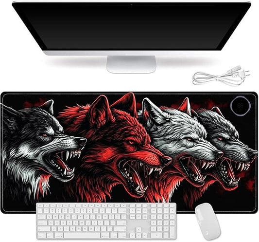 Heated Mouse Pad for Desk 31.5" x 13" – PU Leather Warm Desk Pad with 3 Heat Levels (104°F/113°F/122°F), Plug-in Electric Heating Mat with Auto Shut-Off, Waterproof & Rollable, Four Wolves