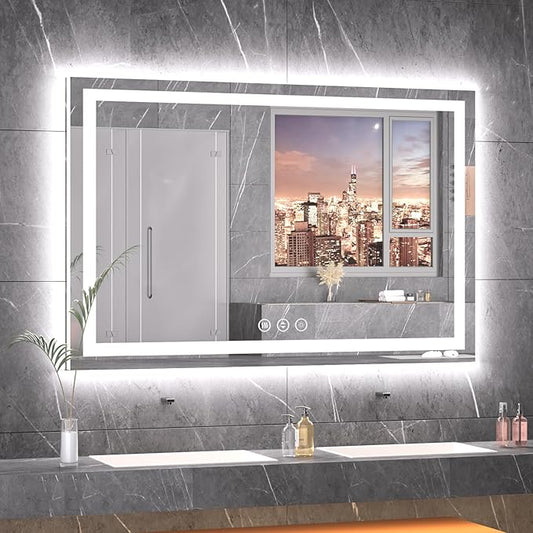 55X36 LED Bathroom Mirror with Lights, Anti-Fog, Backlit + Front Lit, Lighted Bathroom Vanity Mirror for Wall, Memory Function, Dimmable, Tempered Glass, Shatter-Proof