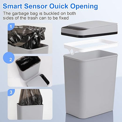 Smart Touchless Bathroom Trash Can 2.2 Gallon Automatic Motion Sensor Rubbish Can with Lid Electric Narrow Small Garbage Bin for Kitchen, Office, Toilet, Bedroom (Grey)