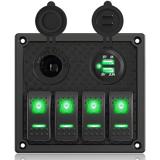 4 Gang Rocker Switch Panel, Multi-Function LED On-Off Switch with 3.1A Dual USB Charger, 12/24V Waterproof Marine Wired Toggle Switch Panel for Automotive Cars Marine Boats RVs (Green)