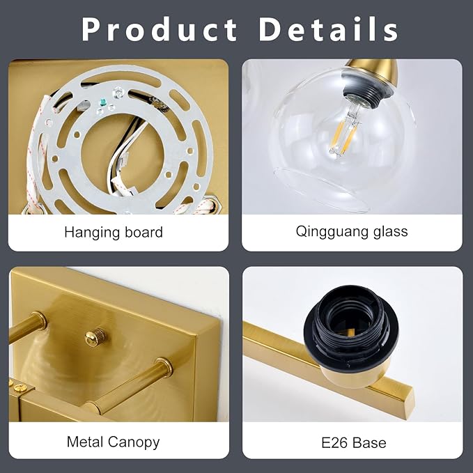 Bathroom Light Fixtures, 3-Light Brushed Gold Vanity Light with Hand-Blown Thick Glass Shades, High-End Clarity & Durability, Wall Sconce for Mirror, Bedroom, Hallway
