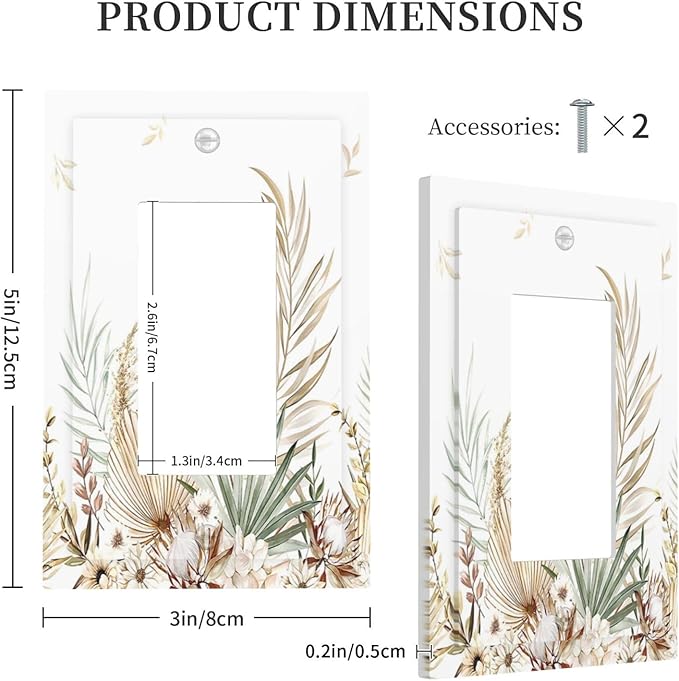 Decorative Outlet Covers Boho Leaves Watercolor Tan Leaf Floral Plant 1 Gang Single Rocker Light Switch Cover Plate Wall Plates GFCI Faceplate for Bedroom Home Decor