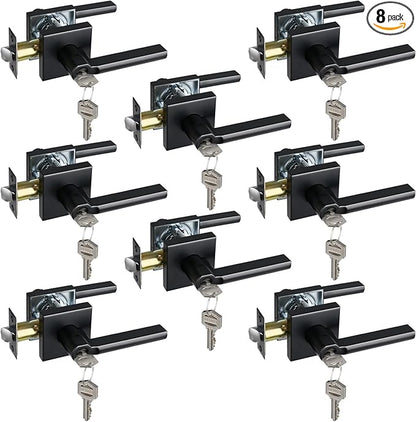 Keyed Entry Door Lever with Lock, Heavy Duty Square Interior Handle for Front Door and Office, Matte Black, Reversible for Right&Left Handed, 8Packs