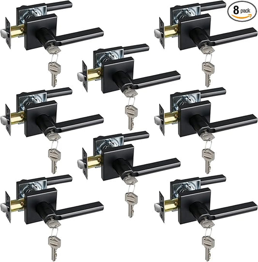 Keyed Entry Door Lever with Lock, Heavy Duty Square Interior Handle for Front Door and Office, Matte Black, Reversible for Right&Left Handed, 8Packs