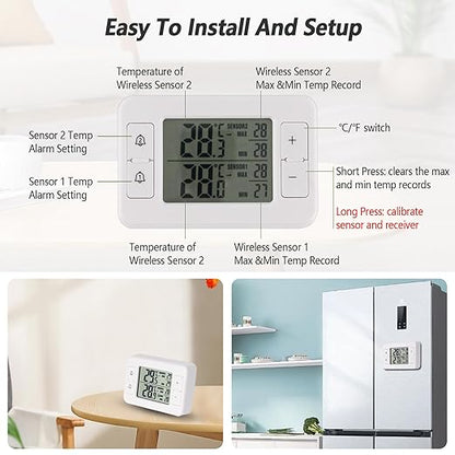 Refrigerator Thermometer, Digital Freezer Thermometer with 2 Wireless Temperature Monitor Sensors, Big LCD Display, Min/Max, Audible Alarm for Home Restaurants Fridge