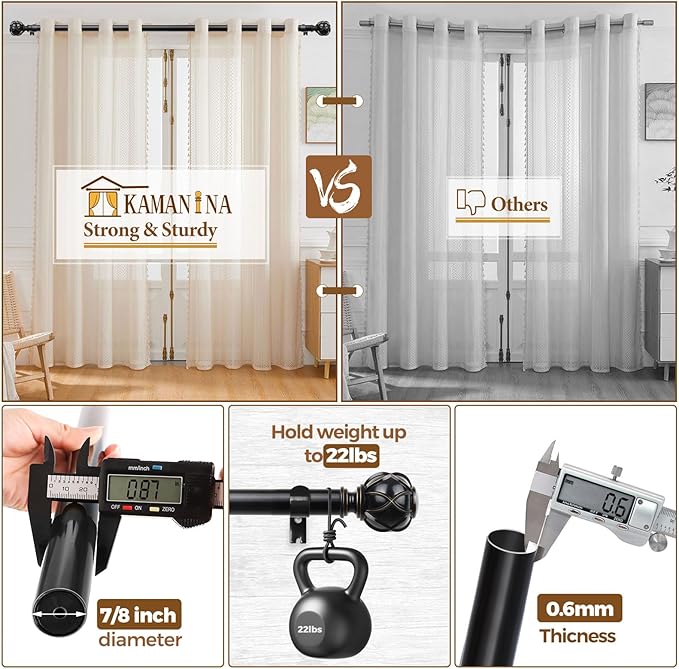 KAMANINA Curtain Rods for Windows 48 to 84 Inch, Black Heavy Duty Curtain Rod Adjustable, 7/8 Inch Single Decorative Drapery Rod 32 to 86 Inch(2.6-7.1Ft), Netted Texture End