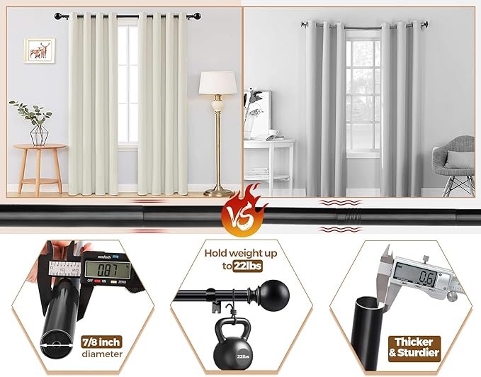 KAMANINA 2 Pack Curtain Rods for Windows 48 to 84 Inch (4-7ft), 7/8 Inch Single Heavy Duty Window Curtain Rod Adjustable Decorative Drapery Rods with Round End, Black