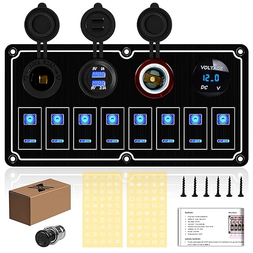 Waterproof 8 Gang Toggle Switch Panel with Dual USB Charger & Voltmeter - Overload Protection for RV, Marine, Car, Truck - Compatible with Auxbeam Boat Switch Panel