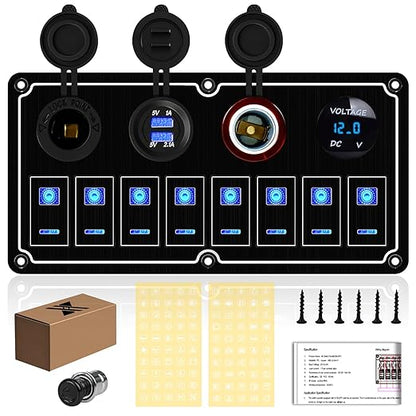 Waterproof 8 Gang Toggle Switch Panel with Dual USB Charger & Voltmeter - Overload Protection for RV, Marine, Car, Truck - Compatible with Auxbeam Boat Switch Panel