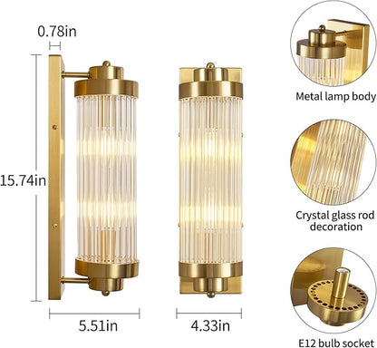 Gold Wall Sconces Set of Two with Crystal Glass Strip Bathroom Sconces Modern Wall Lights for Bedroom Living Room Hallway Wall Light Fixtures, 2 Light E12 Base