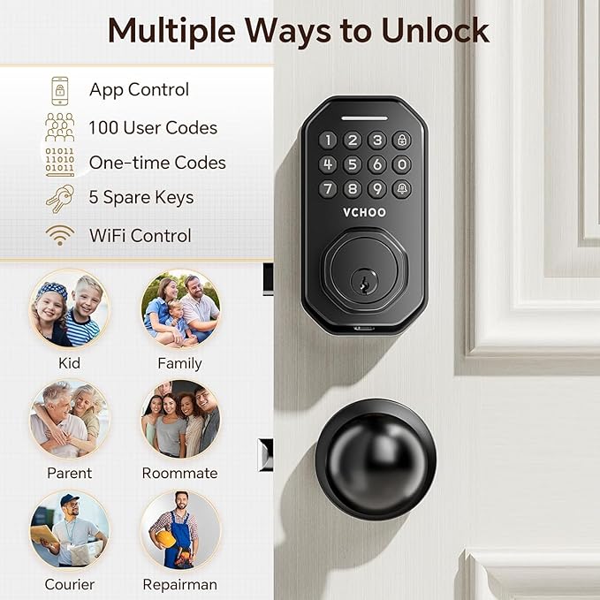 Keyless Entry Door Lock with 2 Knobs App Control Smart Locks for Front Door WiFi Door Lock Set Automatic Lock One Time Password Anti Peeping Password IP54, Black