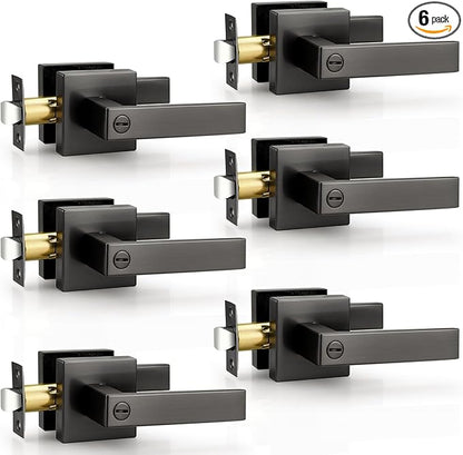 Probrico Privacy Interior Gunmetal Black Door Handles 6 Pack, Grey Heavy Duty Locking Levers for Bedroom & Bathroom