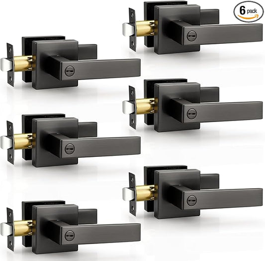 Probrico Privacy Interior Gunmetal Black Door Handles 6 Pack, Grey Heavy Duty Locking Levers for Bedroom & Bathroom