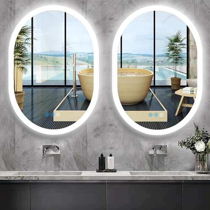 32 x 24 Inch Oval Backlit Mirror 3 Color Adjustable Brightness Backlits Oval Lighted Vanity Mirror for Bathroom Wall Horizontal Vertical Mount Antifog 32" Frameless LED Backlit Ovals Mirrors