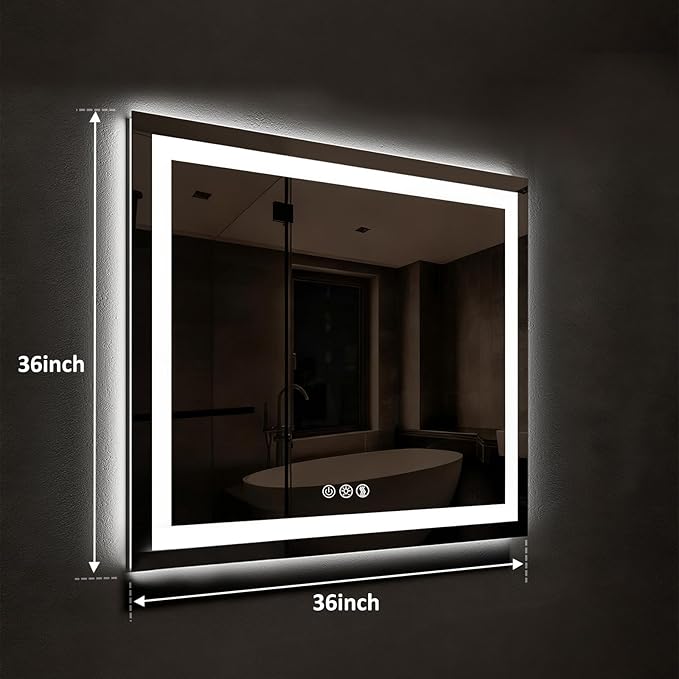 ROOMTEC 36 x 36 Inches LED Bathroom Mirror with Front and Backlit,Anti-Fog,3 Colors and Dimmable Light(Horizontal/Vertical), Silver