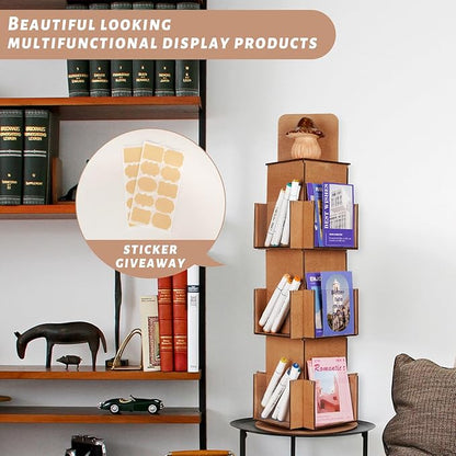 Natheeph Rotating Display Stand Greeting Card Display Wooden Display Rack with Two Card Sticker for Greeting Card Vendor Coffee Bag 3 Tier Tabletop Display Stand (Brown)