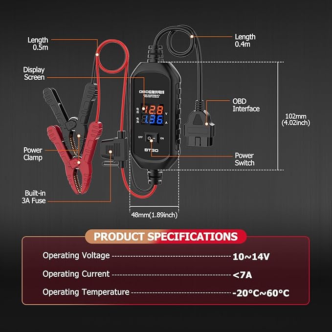 OBD2 Vehicle ECU Emergency Power Supply Cable - OBD II Car Memory Saver Cable with Over-Current, Over-Voltage, Polarity Reverse Protection