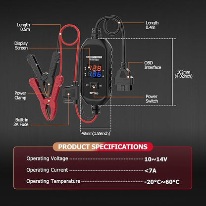 OBD2 Vehicle ECU Emergency Power Supply Cable - OBD II Car Memory Saver Cable with Over-Current, Over-Voltage, Polarity Reverse Protection