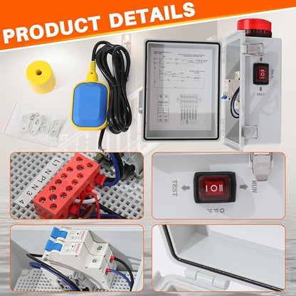High Water Alarm, Septic Tank Alarm , Sump Pump Alarm with Light and 110 Db Alarm ， Automatic Or Manual Start Water Pump