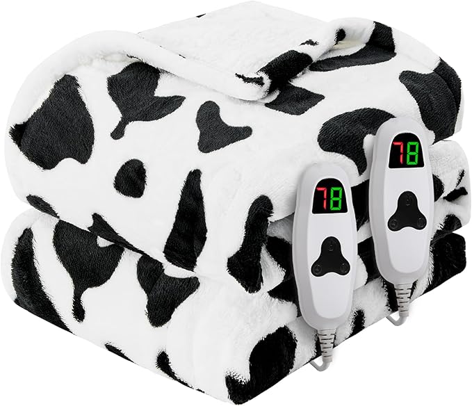Cow Print Electric Heated Blanket King Size,90X100 Black Heating Blanket King with Dual Control&Timer&10 Heat Level,Cute Cow Decor Fleece Sherpa Blankets Warmer Gifts for Bed Women Adults