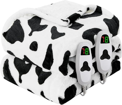 Cow Print Electric Heated Blanket King Size,90X100 Black Heating Blanket King with Dual Control&Timer&10 Heat Level,Cute Cow Decor Fleece Sherpa Blankets Warmer Gifts for Bed Women Adults